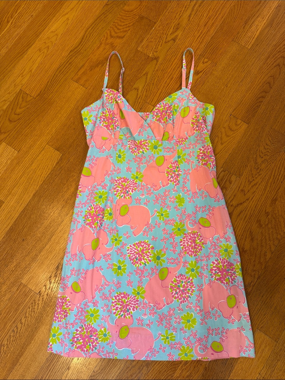 Lilly Pulitzer Pink & Aqua Elephant Floral Slip Dress White Label Size 8